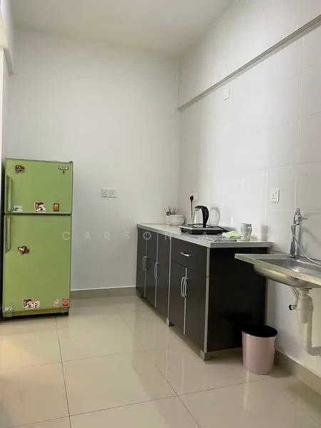 Kitchen features: green fridge, black kitchen cabinets, white countertop, stainless-steel sink, chrome faucet, white tiled walls, cream tiled flooring, wall-mounted shelf, kitchen utensils, pink waste bin; style: modern.