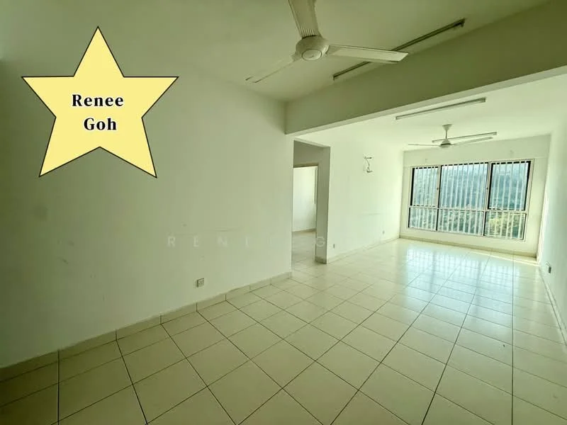 Living features: white painted walls, tile flooring, 2 ceiling fans, floor-to-ceiling windows, natural light, neutral color scheme, open layout, no visible furniture.