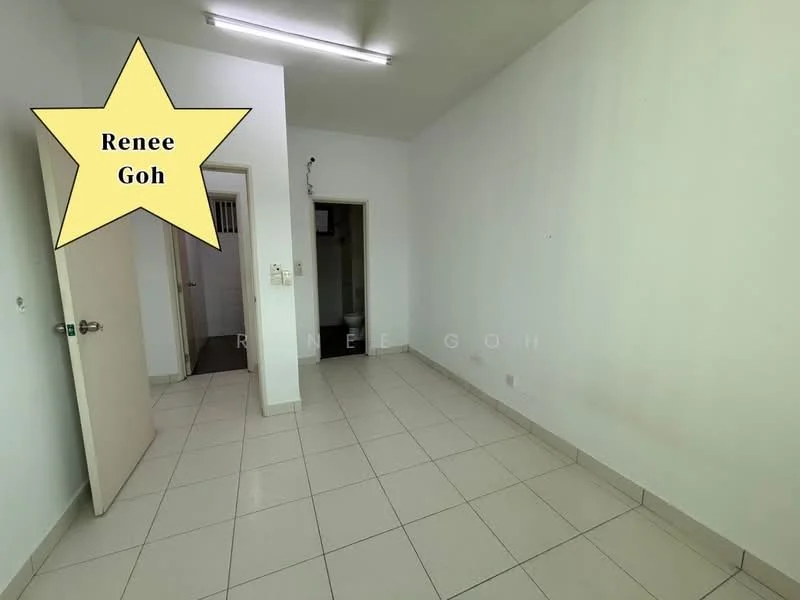 Room features: white painted walls, tile flooring, single door, light fixture on ceiling, window with no treatment, empty space, neutral color scheme; style: minimalist.