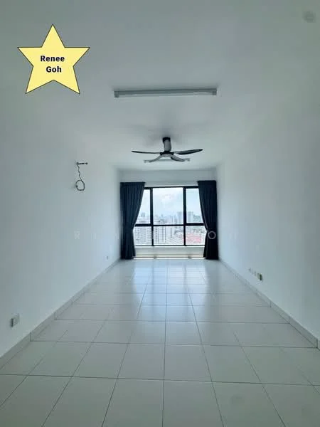 Living features: white painted walls, tile flooring, 5-blade ceiling fan with light, floor-to-ceiling windows, blackout curtains, city view, recessed lighting; style: modern; view: city.