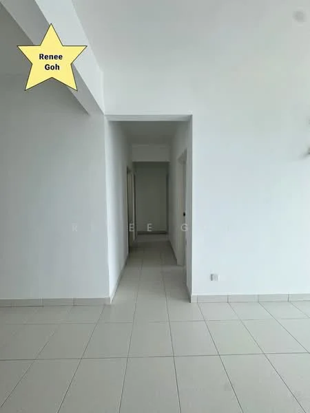 Room features: white painted walls, tile flooring, recessed downlights, doorway leading to other rooms, neutral color scheme, open layout, no visible furniture, large windows, minimalist decor; style: modern.