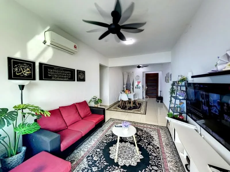 Living features: 3-seater fabric sofa in red, 2-seater fabric sofa in black, coffee table, area rug with intricate pattern, wall-mounted TV, TV console, floor-to-ceiling windows, 1 wall-mounted split AC, decorative wall art, indoor plants, ceiling fan with light; style: modern.