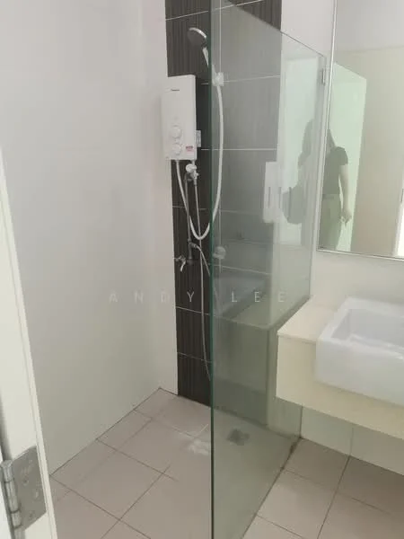 Bathroom features: glass shower enclosure, rain shower head, handheld shower, white ceramic sink, wall-mounted faucet, mirror above sink, white tiled walls, grey accent wall, light-colored floor tiles, shower water heater, built-in shelf in shower; style: modern.