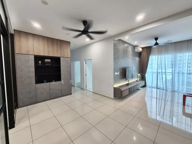 Living features: white painted walls, grey accent wall, glossy ceramic tile flooring, 5-blade ceiling fan with light, wall-mounted TV, TV console, built-in cabinetry, large sliding glass door, sheer curtains, recessed downlights, decorative wall paneling; style: modern; view: city.