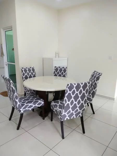 Dining features: round dining table with marble top, 5 upholstered dining chairs with grey geometric pattern, white painted walls, glossy tile flooring, natural light from nearby window, sideboard cabinet, neutral color scheme; style: modern.