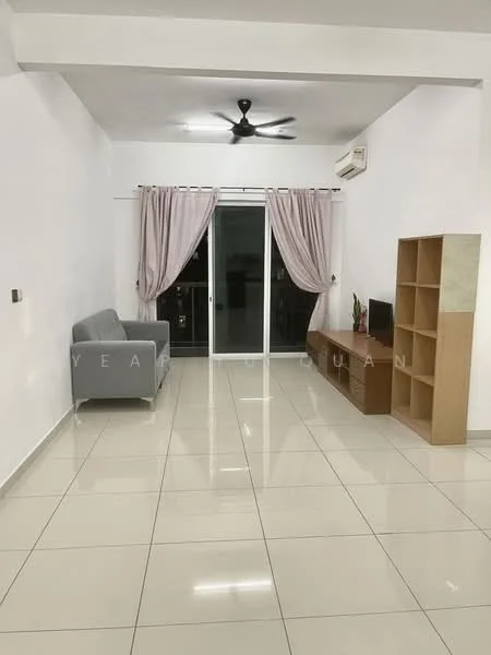 Living features: white painted walls, glossy ceramic tile flooring, 5-blade ceiling fan with light, sliding glass door, sheer curtains, grey fabric sofa, wooden TV console, decorative plant, air conditioning unit; style: modern.