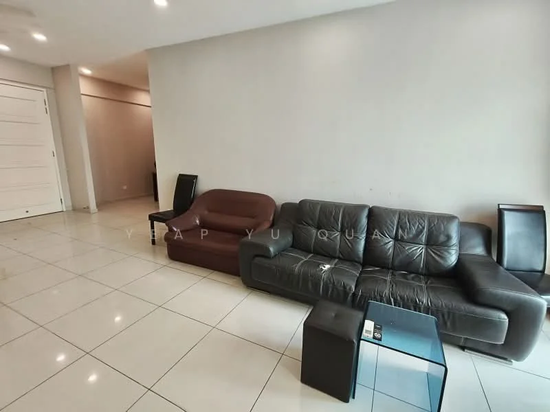 Living features: brown leather sofa, black leather sofa, glass coffee table, white painted walls, tile flooring, recessed downlights, floor-to-ceiling windows, open layout; style: modern.