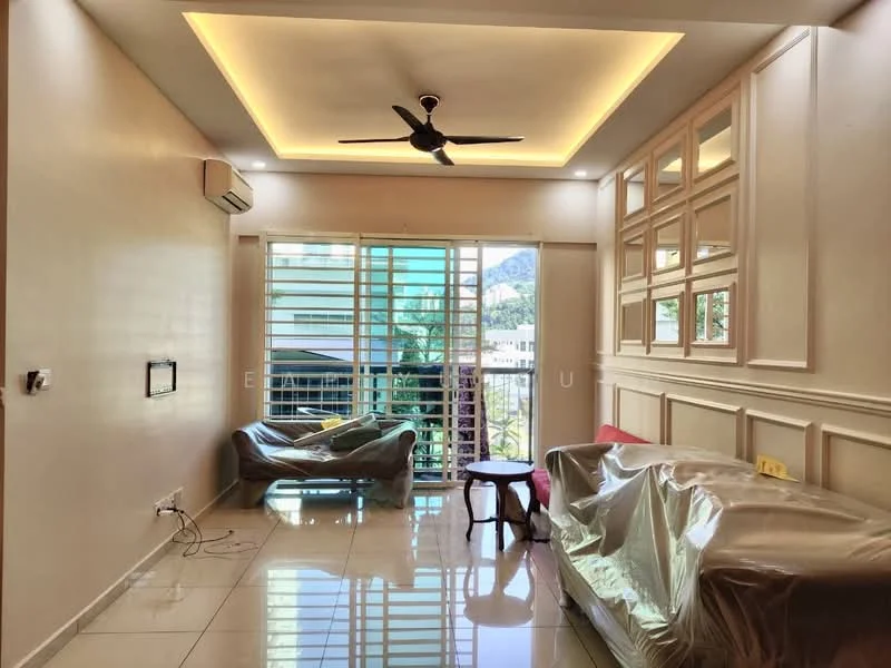 Living features: white painted walls, tray ceiling with recessed lighting, floor-to-ceiling windows, sliding glass door, cream-colored tiles, 2-seater fabric sofa covered in plastic, small round coffee table, 1 wall-mounted split AC, ceiling fan, decorative wall paneling; style: modern; view: garden.