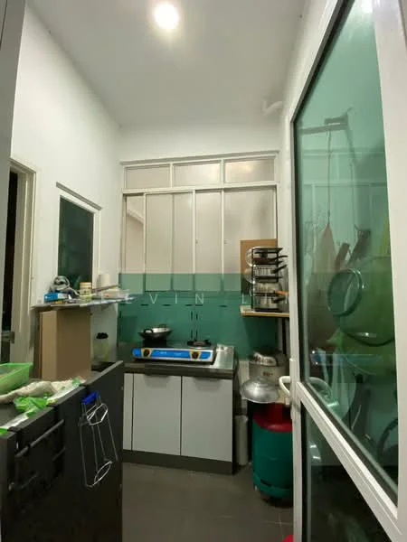 Kitchen features: green glass backsplash, white cabinetry, stainless-steel gas stove, exhaust hood, countertop with storage underneath, open shelving, floor-to-ceiling windows, grey tile flooring, refrigerator, sink, kitchen utensils on countertop; style: modern.