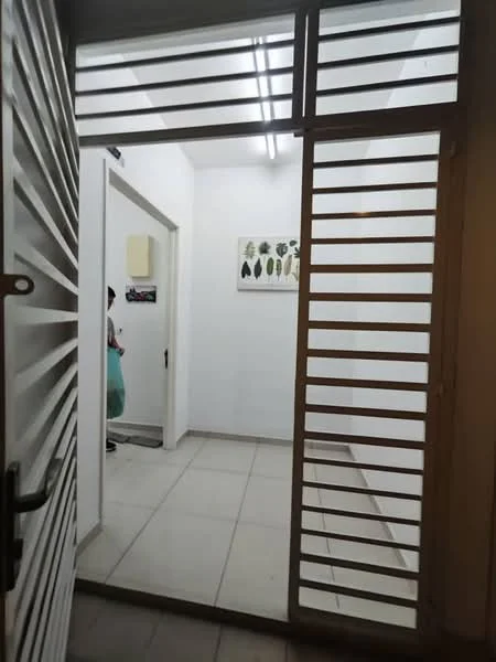 Room features: white painted walls, tile flooring, sliding glass door, horizontal slatted window, fluorescent ceiling lights, decorative wall art with leaf prints; style: modern.