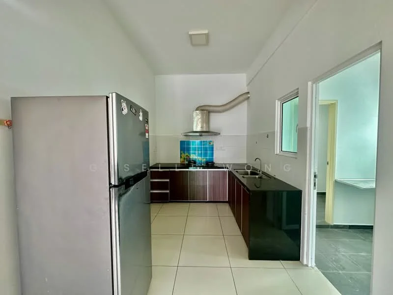 Kitchen features: stainless-steel fridge, black granite countertop, brown wooden cabinetry, built-in oven, stainless-steel range hood, single-bowl stainless-steel sink, white tiled backsplash, ceramic tile flooring, recessed ceiling lights, window with glass pane; style: modern.