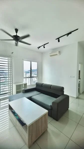 Living features: L-shape sectional sofa in grey, coffee table, floor-to-ceiling windows, white walls, recessed LED downlights, 5-blade ceiling fan, wall-mounted split AC, glossy tile flooring, roller blinds; style: modern; view: city.