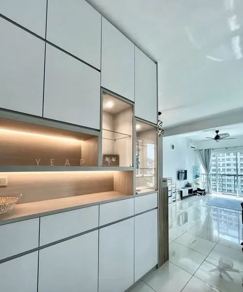 Kitchen features: white flat-panel cabinets, wood accent cabinetry, under-cabinet LED lighting, glass display cabinet, white tiled backsplash, polished ceramic tile flooring, open shelving, recessed ceiling lights, modern faucet, built-in appliances, island counter, neutral color palette; style: modern.