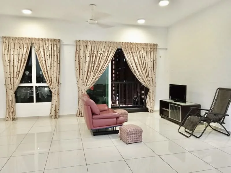 Living features: white painted walls, glossy tile flooring, 5-blade ceiling fan, floor-to-ceiling windows, sliding glass door, sheer curtains, blackout curtains, TV console, wall-mounted TV, recliner chair in pink, ottoman in woven material, area rug; style: modern; view: city.