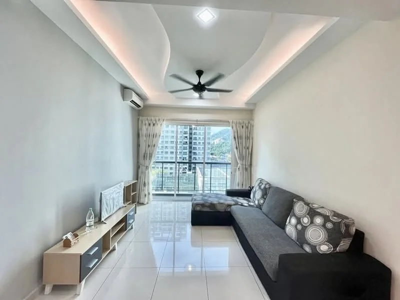 Living features: grey fabric L-shape sectional sofa with patterned cushions, white painted walls, glossy white tile flooring, 5-blade ceiling fan with integrated LED light, floor-to-ceiling sliding glass door, sheer curtains, TV console with storage, decorative wall-mounted shelf, recessed ceiling lighting; style: modern; view: city.