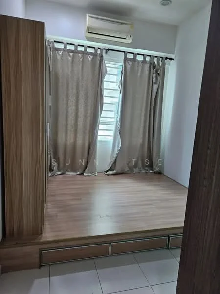 Room features: laminate flooring, white painted walls, floor-to-ceiling window, sheer curtains, wall-mounted split AC, built-in wardrobe, wooden platform, natural light; style: modern.
