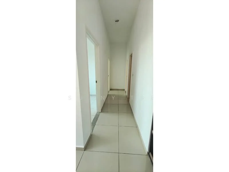 Hallway features: white painted walls, tile flooring, ceiling lights, doorways leading to other rooms, neutral color scheme, straight corridor layout; style: modern.