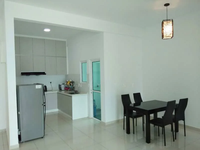 Kitchen features: white cabinets, grey countertop, stainless-steel fridge, built-in oven, ceramic cooktop, single-bowl stainless-steel sink, chrome pull-down faucet, tile backsplash, recessed downlights; style: modern. Dining features: 4-seater dining table, black dining chairs, pendant light fixture; style: modern.