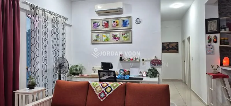 Living features: orange fabric sofa, decorative throw with multi-colored pattern, white painted walls, tile flooring, wall-mounted air conditioning unit, 5-blade ceiling fan, framed artwork on wall, red curtains, open shelving with decorative items, table lamp, wall clock; style: modern.