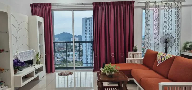 Living features: orange fabric sofa, wood coffee table, white shelving unit, floor-to-ceiling windows, red curtains, ceiling fan, decorative area rug, potted plants, mountain view, grey tiled flooring; style: modern; view: mountain.