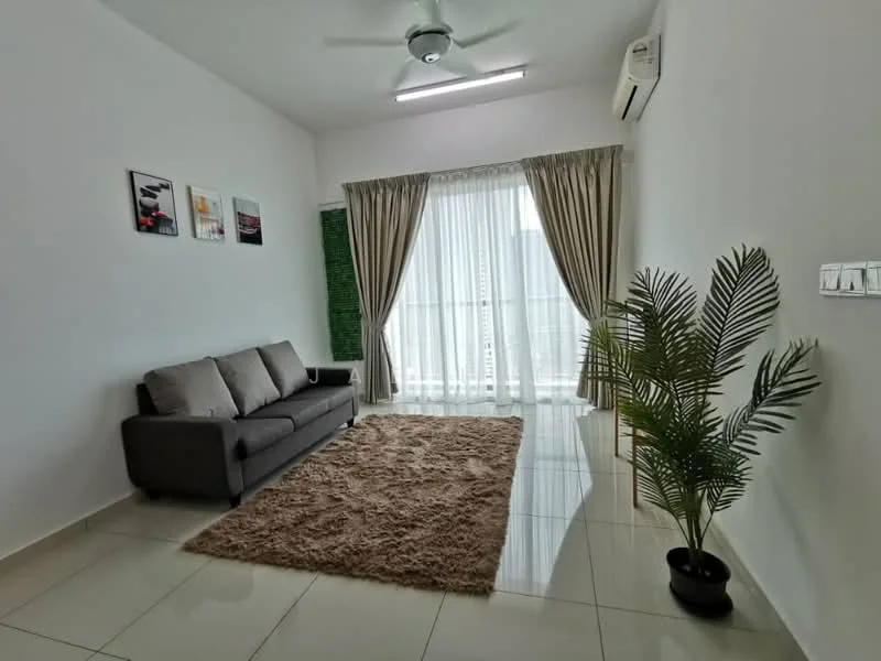 Living features: 3-seater fabric sofa in grey, area rug with geometric pattern, floor-to-ceiling windows, sheer curtains, wall-mounted split AC, ceiling fan, decorative plant in pot, framed artwork on walls, cream painted walls, glossy tile flooring; style: modern; view: city.