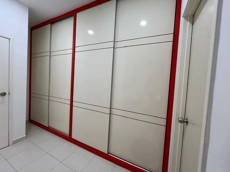 Room features: sliding wardrobe with cream panels, red accent trim on wardrobe, white walls, white tiled flooring, door with round handle, minimalist design; style: modern.