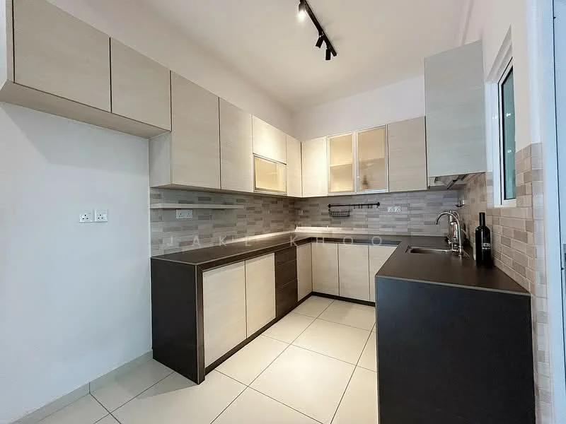 Kitchen features: light wood cabinetry, dark countertop, ceramic tile flooring, glass tile backsplash, stainless-steel sink, chrome faucet, built-in oven, recessed lighting, window with view, open shelving, kitchen island, wall-mounted storage rack; style: modern.