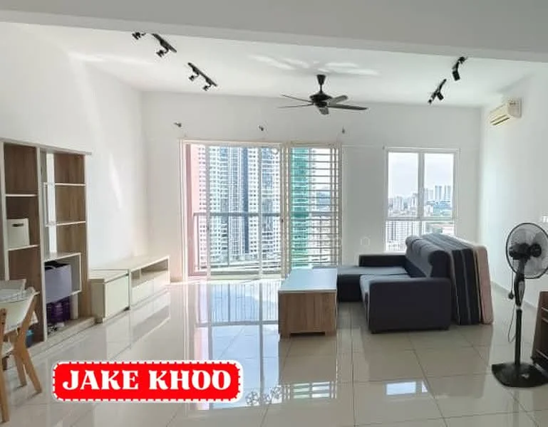 Living features: large floor-to-ceiling windows, city skyline view, white painted walls, polished ceramic tile flooring, 5-blade ceiling fan with light, sofa in dark grey fabric, wooden coffee table, TV console, open shelving unit, air conditioning unit; style: modern; view: city.
