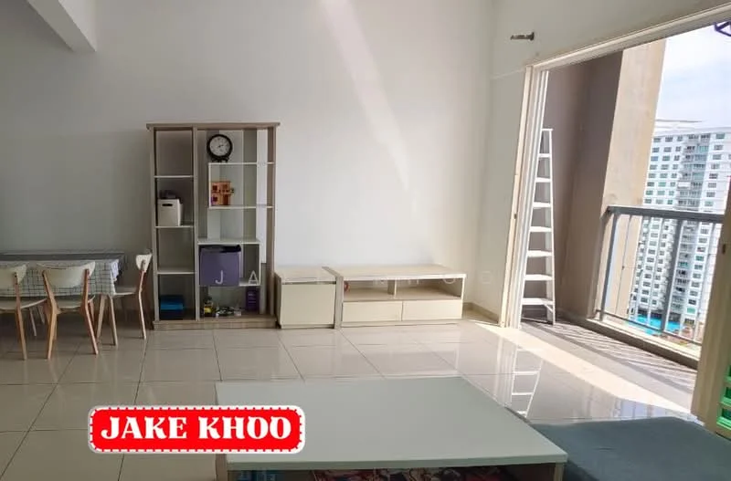 Living features: white painted walls, glossy tile flooring, large sliding glass door, floor-to-ceiling windows, white ceiling, built-in shelving unit, clock on shelf, dining table with chairs, coffee table, balcony view; style: modern; view: city.