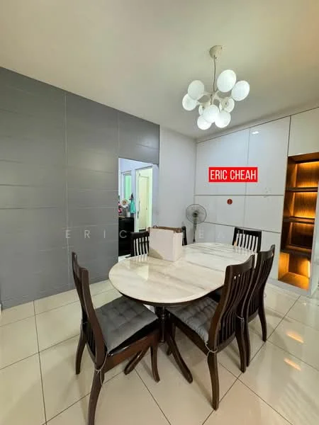 Dining features: round marble dining table, 6 wooden dining chairs with upholstered seats, white painted walls, grey accent wall, recessed downlights, ceiling light fixture with multiple bulbs, floor tiles, wall-mounted fan, built-in cabinetry with lighting; style: modern.