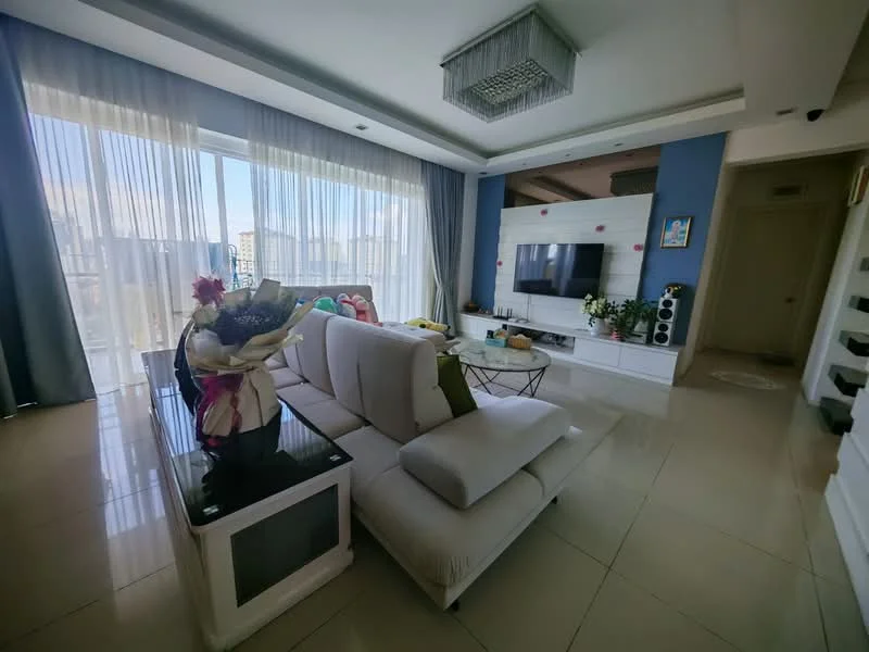 Living features: cream upholstered sofa, glass coffee table, white TV console, wall-mounted TV, decorative wall with blue accent, floor-to-ceiling windows with sheer curtains, recessed ceiling lights, marble tile flooring, decorative plants, decorative artwork on wall, open layout to balcony; style: modern; view: city.