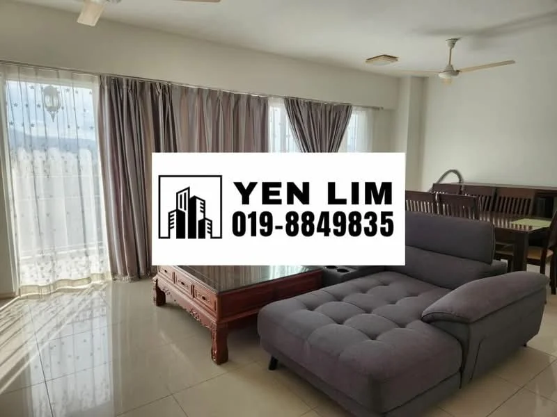 Living features: grey fabric sectional sofa, wood coffee table, dining table with chairs, floor-to-ceiling windows, sheer curtains, dark curtains, ceiling fan, tile flooring, white painted walls; style: modern; view: city.