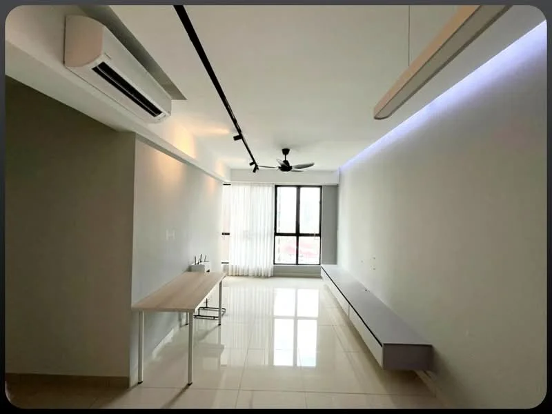 Living features: white painted walls, glossy tile flooring, 5-blade ceiling fan, recessed LED downlights, floor-to-ceiling windows, sheer curtains, wall-mounted shelf, air conditioning unit, LED strip lighting; style: modern; view: city.