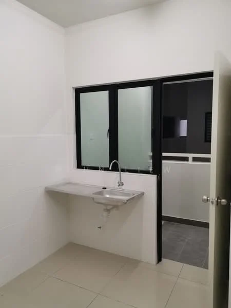 Laundry features: white tiled walls, grey tiled flooring, single-bowl stainless-steel sink, chrome faucet, countertop made of grey material, black framed window, door leading to another room; style: modern.