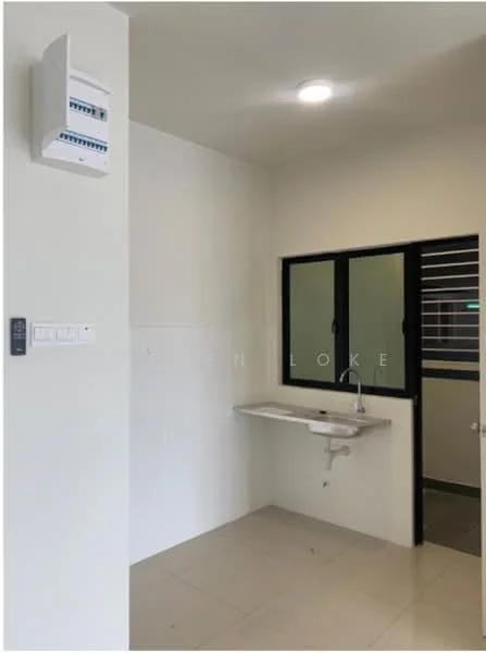 Room features: white painted walls, light grey floor tiles, single-bowl stainless-steel sink, chrome faucet, wall-mounted electrical panel, black-framed windows, countertop, door leading to another room; style: modern.