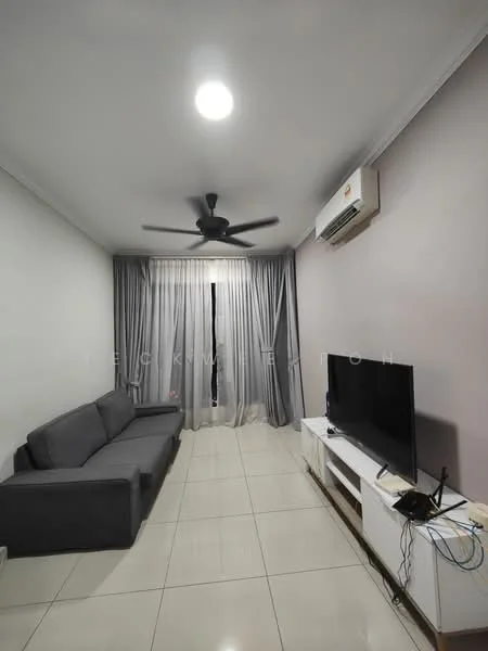 Living features: 3-seater fabric sofa in grey, white TV console, wall-mounted TV, floor-to-ceiling windows with sheer curtains, recessed downlights, ceiling fan, air conditioning unit, glossy tile flooring, light grey accent wall; style: modern.
