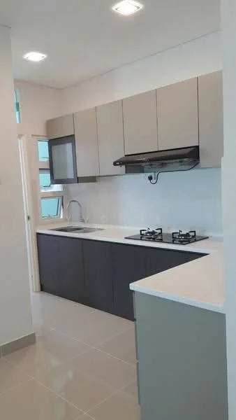 Kitchen features: grey and beige cabinetry, white quartz countertop, stainless-steel sink, chrome pull-down faucet, built-in gas hob with two burners, exhaust hood, ceramic tile flooring, wall-mounted cabinets, window with natural light, light fixtures in ceiling; style: modern.