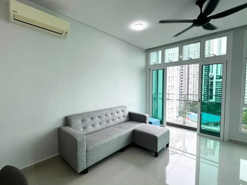 Living features: grey fabric L-shape sectional sofa, floor-to-ceiling windows, sliding glass door, white painted walls, polished tile flooring, 5-blade ceiling fan, wall-mounted split AC, balcony view of city skyline; style: modern; view: city.