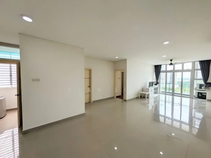 Living features: white painted walls, glossy ceramic tile flooring, floor-to-ceiling windows, curtains, recessed LED downlights, ceiling fan, TV console, wall-mounted TV, open layout, natural light, neutral color scheme; style: modern; view: city. Room features: white painted walls, glossy ceramic tile flooring, doorway leading to another room, doorway leading to laundry area, natural light.