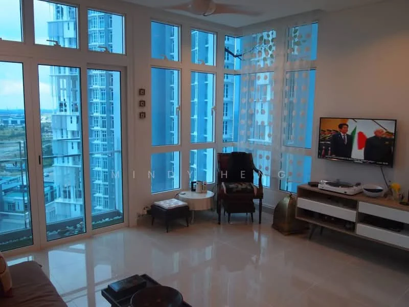 Living features: floor-to-ceiling windows, white walls, glossy tile flooring, 5-blade ceiling fan, wall-mounted TV, TV console, armchair, side table, decorative items on console; style: modern; view: city.