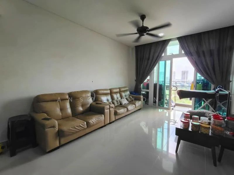 Living features: 3-seater leather sofa in beige, ceiling fan, white painted walls, glossy tile flooring, floor-to-ceiling windows, curtains, coffee table, ironing board, storage jars on table; style: modern; view: city.