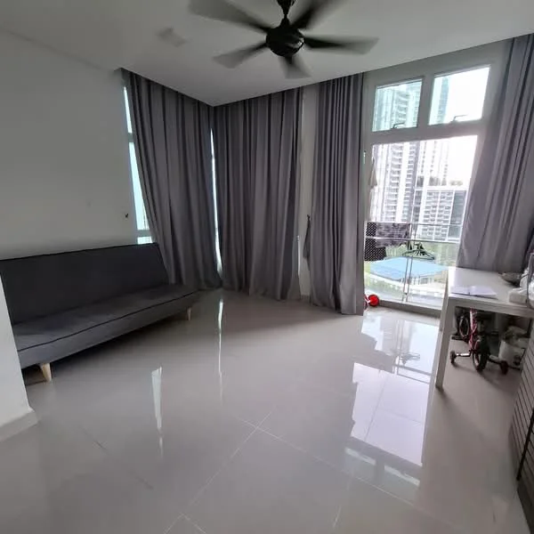 Living features: grey fabric sofa, floor-to-ceiling windows, sheer curtains, white walls, polished ceramic tile flooring, 5-blade ceiling fan, balcony door, decorative wall, desk with chair; style: modern; view: city.