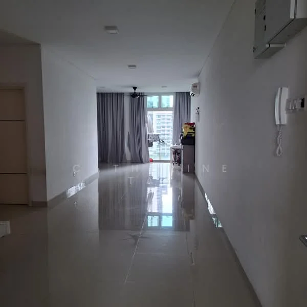 Room features: white painted walls, glossy tile flooring, recessed downlights, floor-to-ceiling windows, sheer curtains, sliding glass door, air conditioning unit, intercom panel; style: modern; view: city.