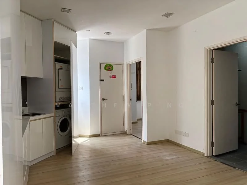 Room features: light wood laminate flooring, white painted walls, kitchen cabinetry with flat-panel design, built-in washing machine, door leading to bathroom, door leading to hallway, recessed ceiling lights, open layout, laundry area, neutral color scheme; style: modern.