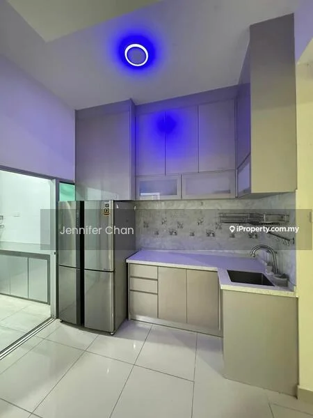 Kitchen features: stainless-steel fridge, grey cabinetry, white countertop, ceramic tile backsplash, single-bowl stainless-steel sink, chrome pull-down faucet, recessed downlights, white tiled flooring, wall-mounted cabinets, open shelving; style: modern.