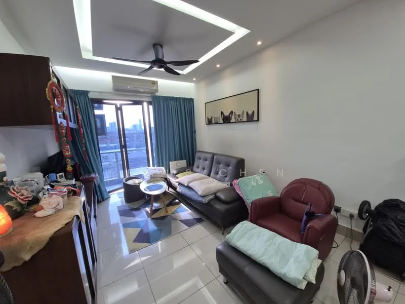 Living features: grey leather sofa, 3-seater fabric sofa in grey, red leather armchair, coffee table, area rug with geometric pattern, floor-to-ceiling windows, sliding glass door, blue curtains, ceiling fan with light, wall-mounted air conditioning unit, decorative wall art, white painted walls, tile flooring; style: modern; view: city.