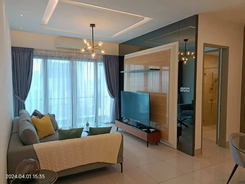 Living features: grey fabric sofa, yellow accent pillows, coffee table, wall-mounted TV, wooden TV console, floor-to-ceiling windows, sheer curtains, recessed downlights, chandelier with multiple bulbs, cream wall with wood paneling, light-colored tiled flooring, decorative wall with mirror, air conditioning unit; style: modern; view: city.