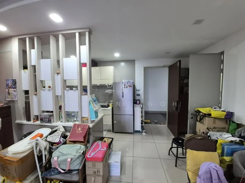 Room features: white painted walls, tile flooring, refrigerator, built-in cabinets, kitchen countertop, open shelving, various bags and boxes, light fixtures, doorway to another room.
