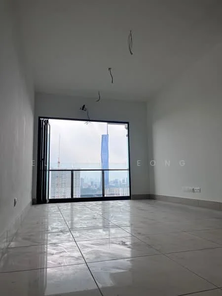 Room features: white painted walls, grey tiled flooring, floor-to-ceiling windows, city skyline view, exposed electrical wiring, no visible furniture or decor; view: city.