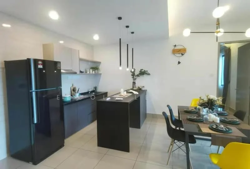 Kitchen features: black refrigerator, grey cabinetry, white countertop, kitchen island with seating, pendant lighting, ceramic tile flooring, stainless-steel sink, chrome pull-down faucet, dining table with black chairs, decorative plants, table setting with plates and cutlery, wall-mounted clock; style: modern.